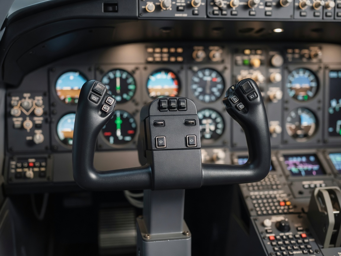 Flight yoke with trim switches in front of a simulator instrument panel