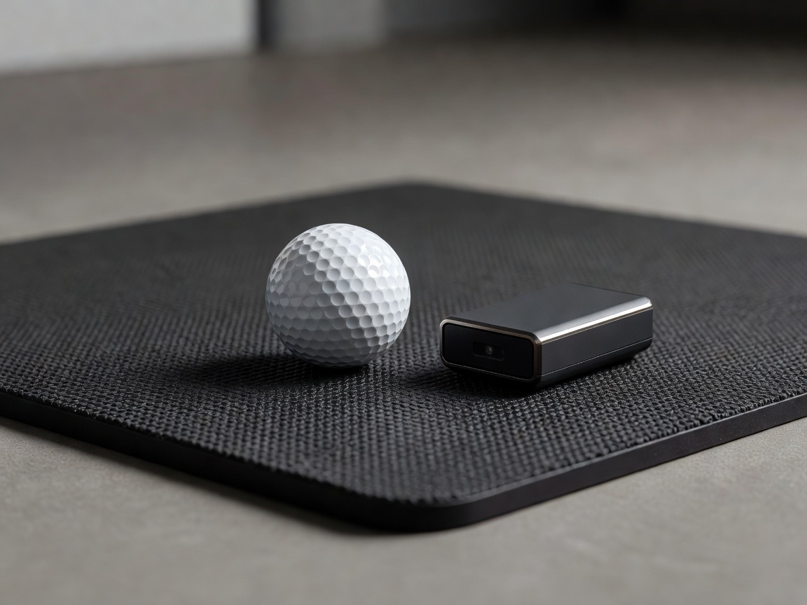 Golf ball on a hitting mat beside a launch monitor sensor