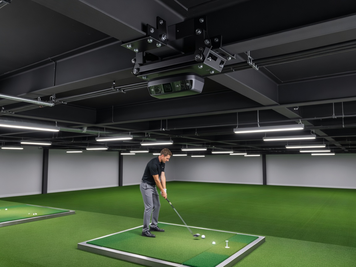 Ceiling-mounted optical sensor overlooking an indoor golf hitting area