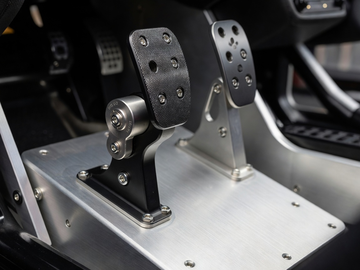 Close view of a load-cell racing brake pedal fixed to a metal pedal deck