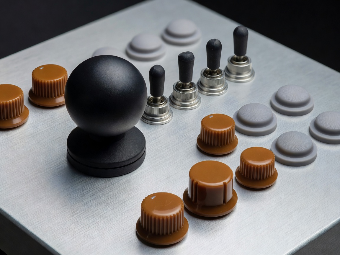 Close detail of tactile simulator controls set into a finished equipment panel